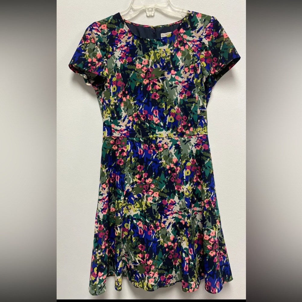 J. Crew Womens Dress 2 Multicolored Floral Print A Line Short Sleeve Lined